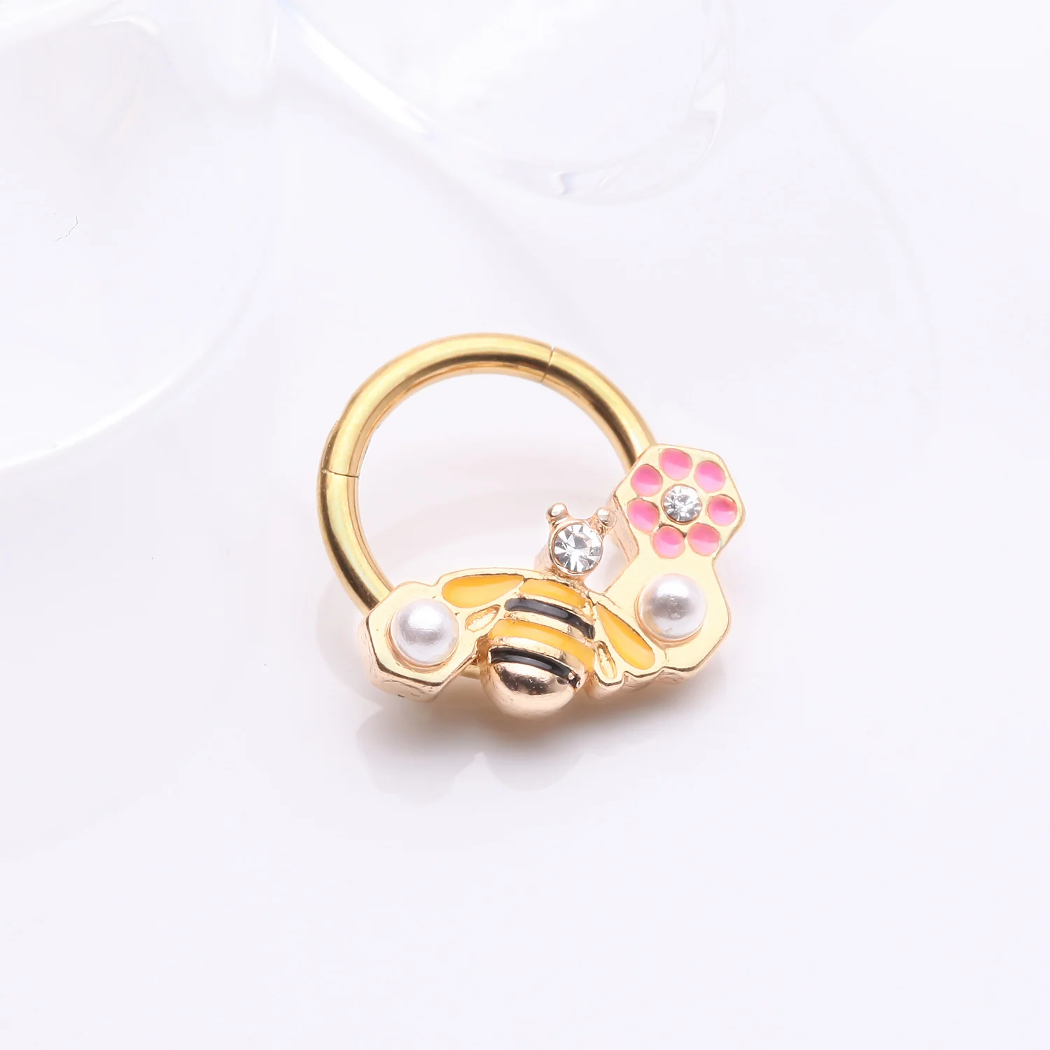 Golden Bumble Bee Pearlescent Honeycomb Flower Clicker Hoop Ring - Image 2