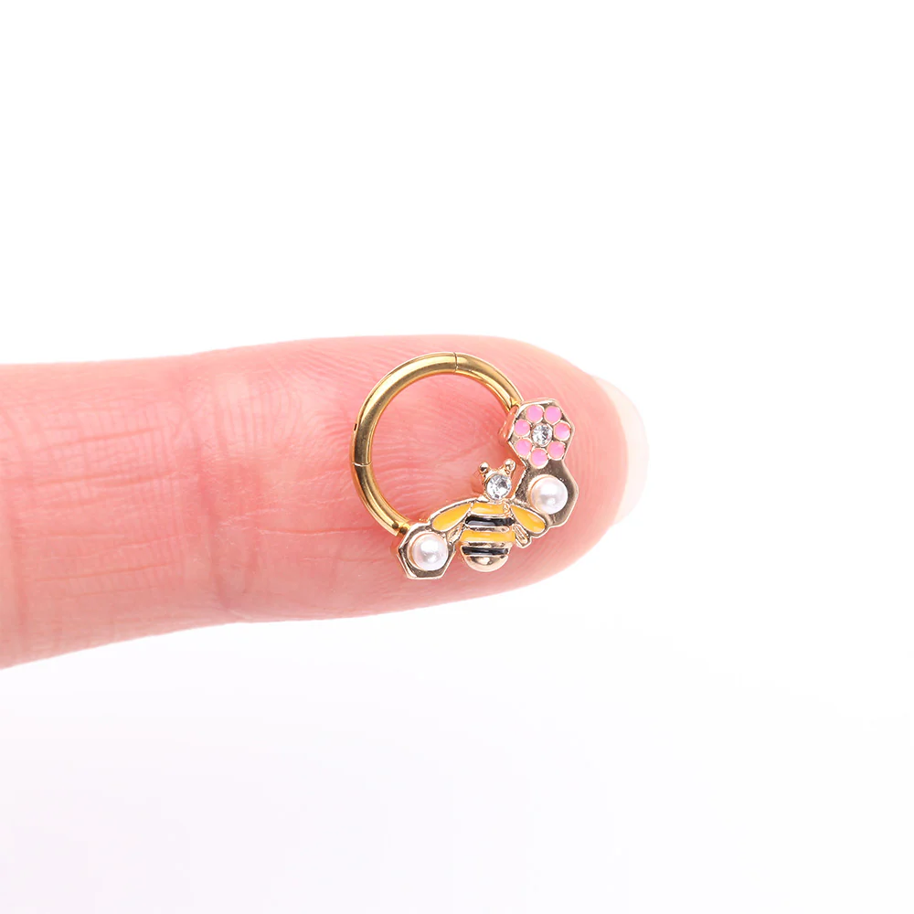 Golden Bumble Bee Pearlescent Honeycomb Flower Clicker Hoop Ring - Image 3