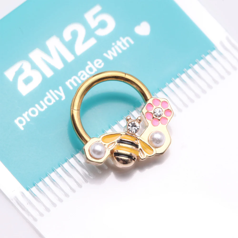 Golden Bumble Bee Pearlescent Honeycomb Flower Clicker Hoop Ring - Image 5