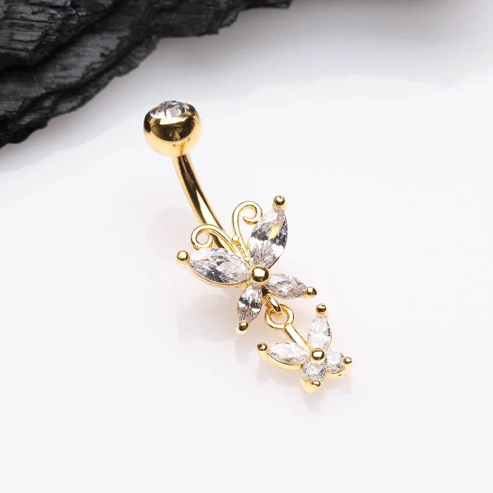 Golden Butterfly Duo Sparkle Belly Button Ring - Image 3