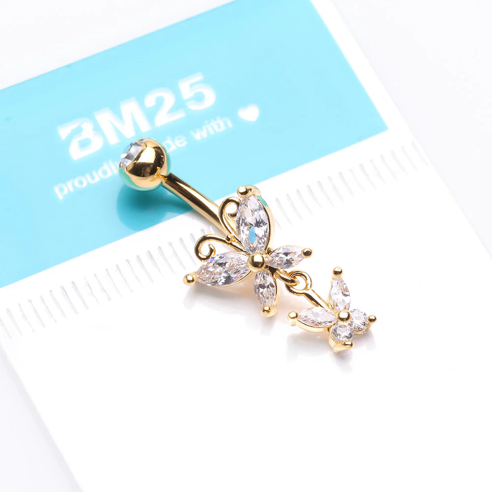 Golden Butterfly Duo Sparkle Belly Button Ring - Image 4