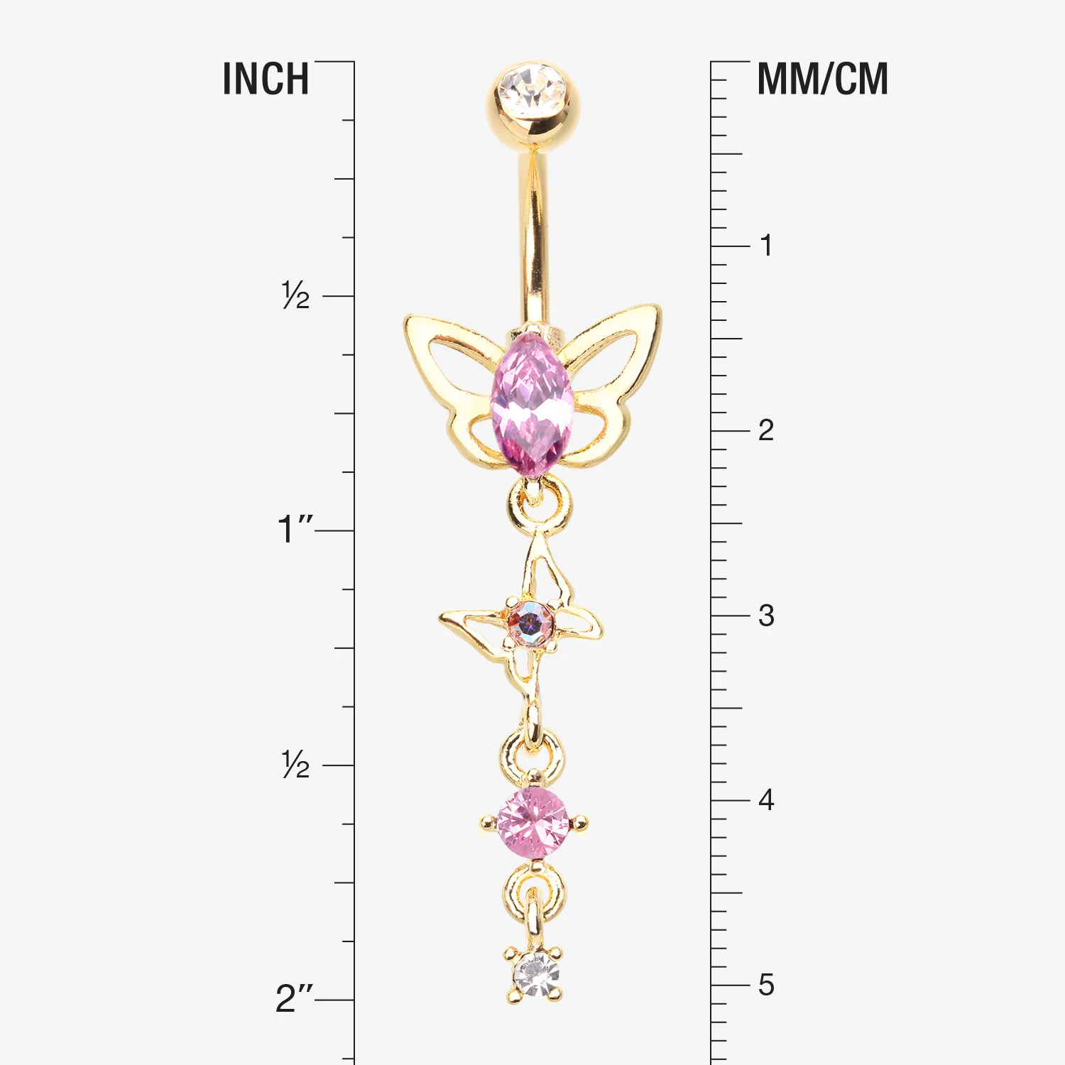 Golden Butterfly Elegance Sparkle Dangle Belly Button Ring - Image 2