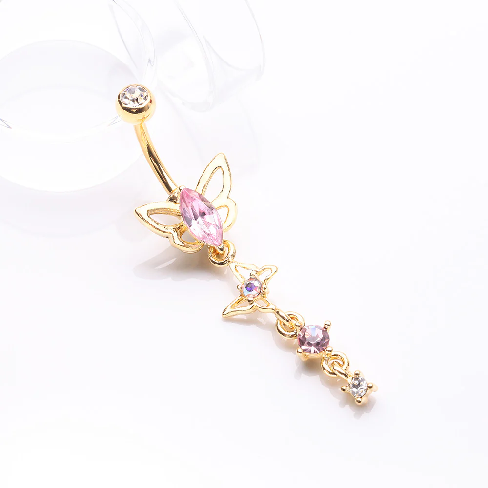 Golden Butterfly Elegance Sparkle Dangle Belly Button Ring - Image 3