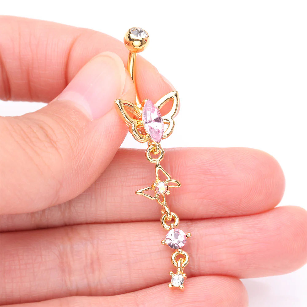 Golden Butterfly Elegance Sparkle Dangle Belly Button Ring - Image 4