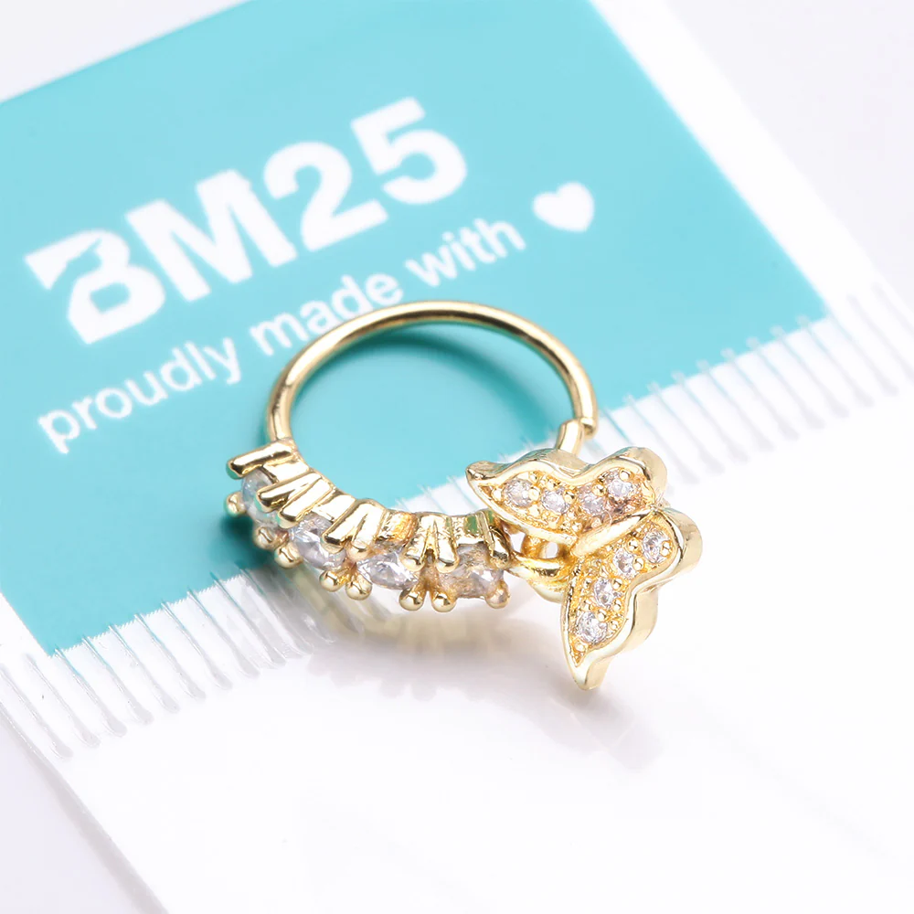 Golden Butterfly Elegance Sparkle Dangle Multi-Gem Lined Bendable Hoop Ring - Image 4