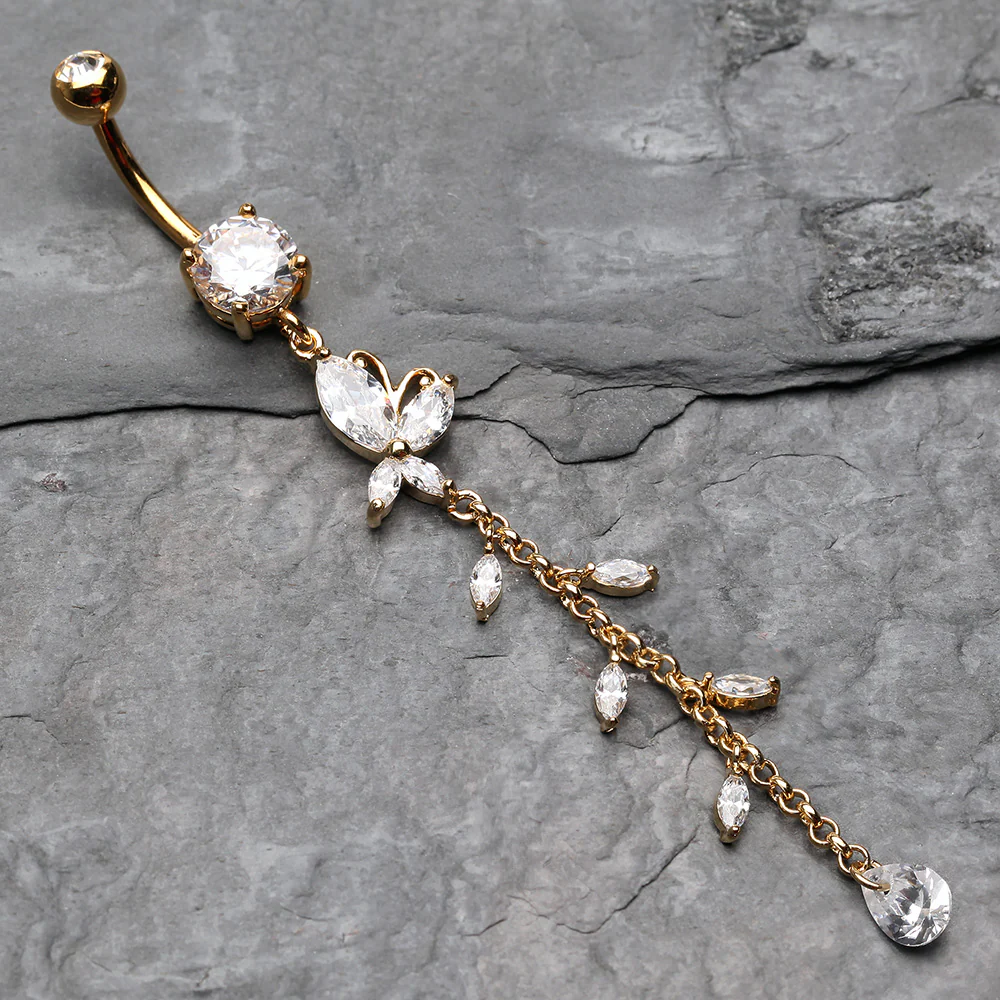 Golden Butterfly Gem Sparkle Belly Button Ring - Image 3