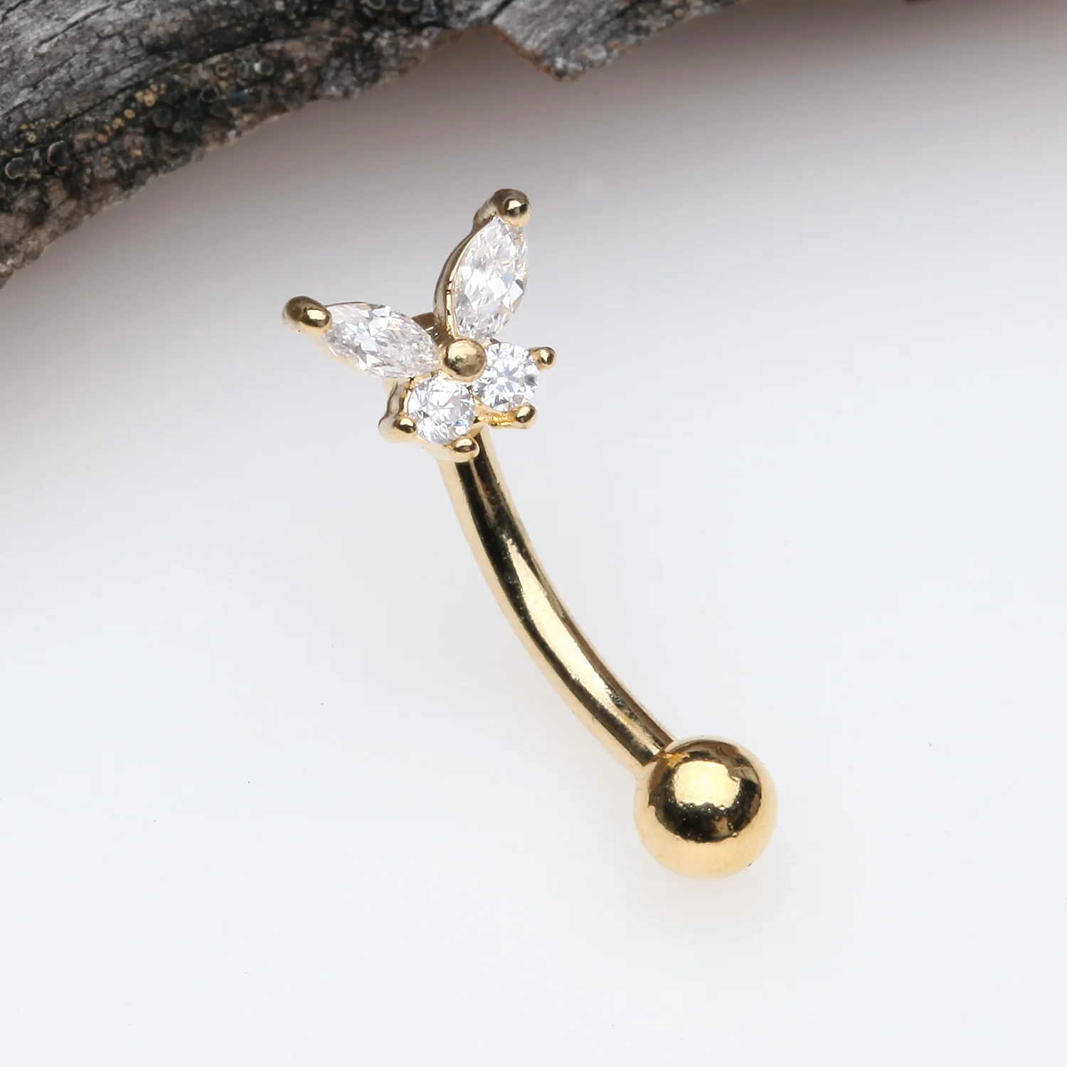 Golden Butterfly Glam Prong Set Sparkle Curved Barbell - Image 2