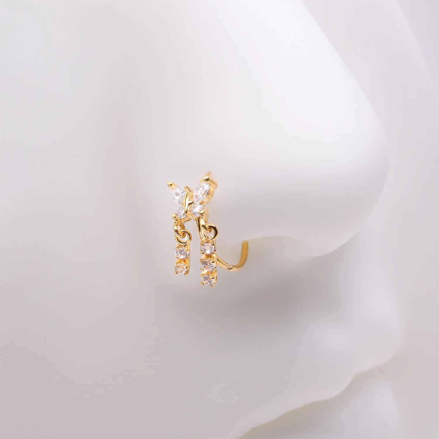 Golden Butterfly Sparkle Dangle Gem Drop Bendable Hoop Ring - Image 2