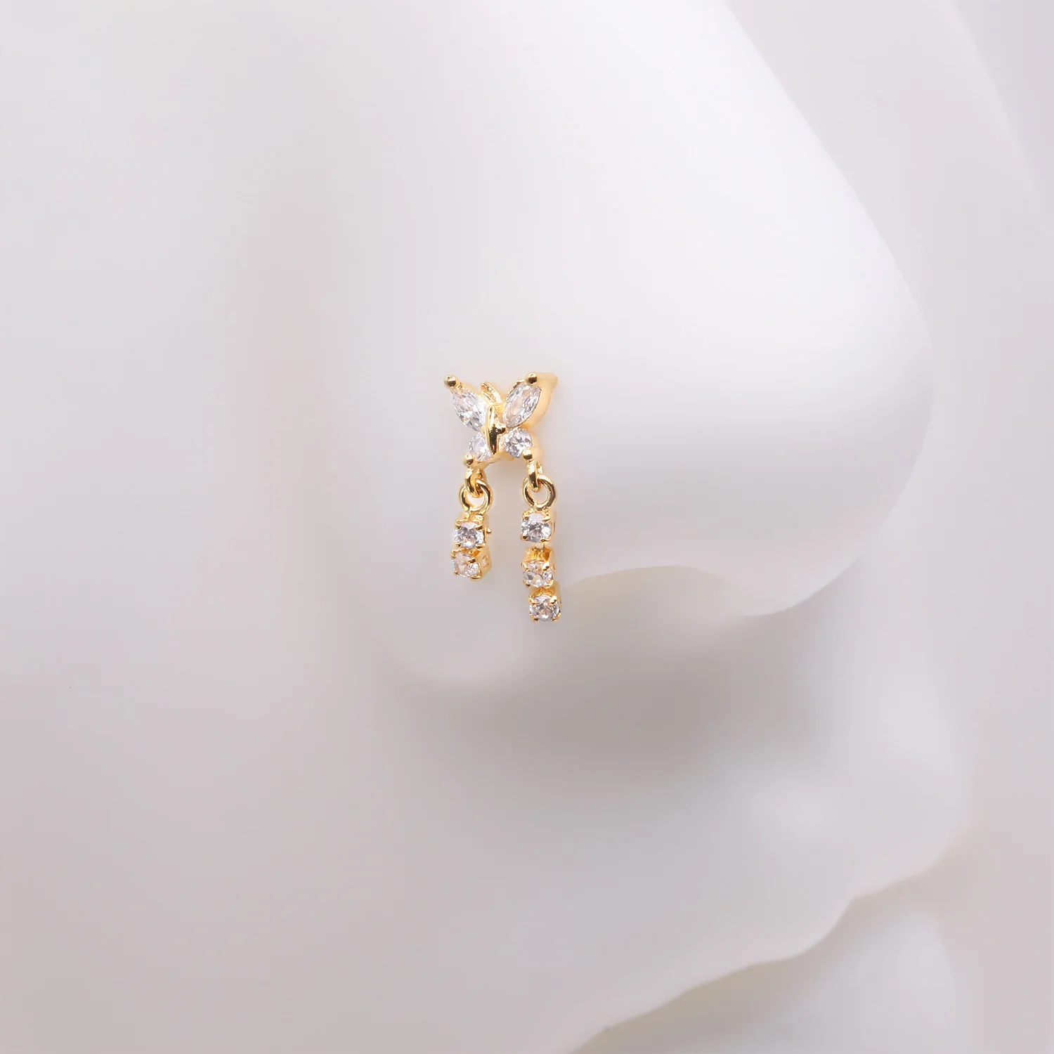 Golden Butterfly Sparkle Dangle Gem Drop L-Shaped Nose Ring - Image 2