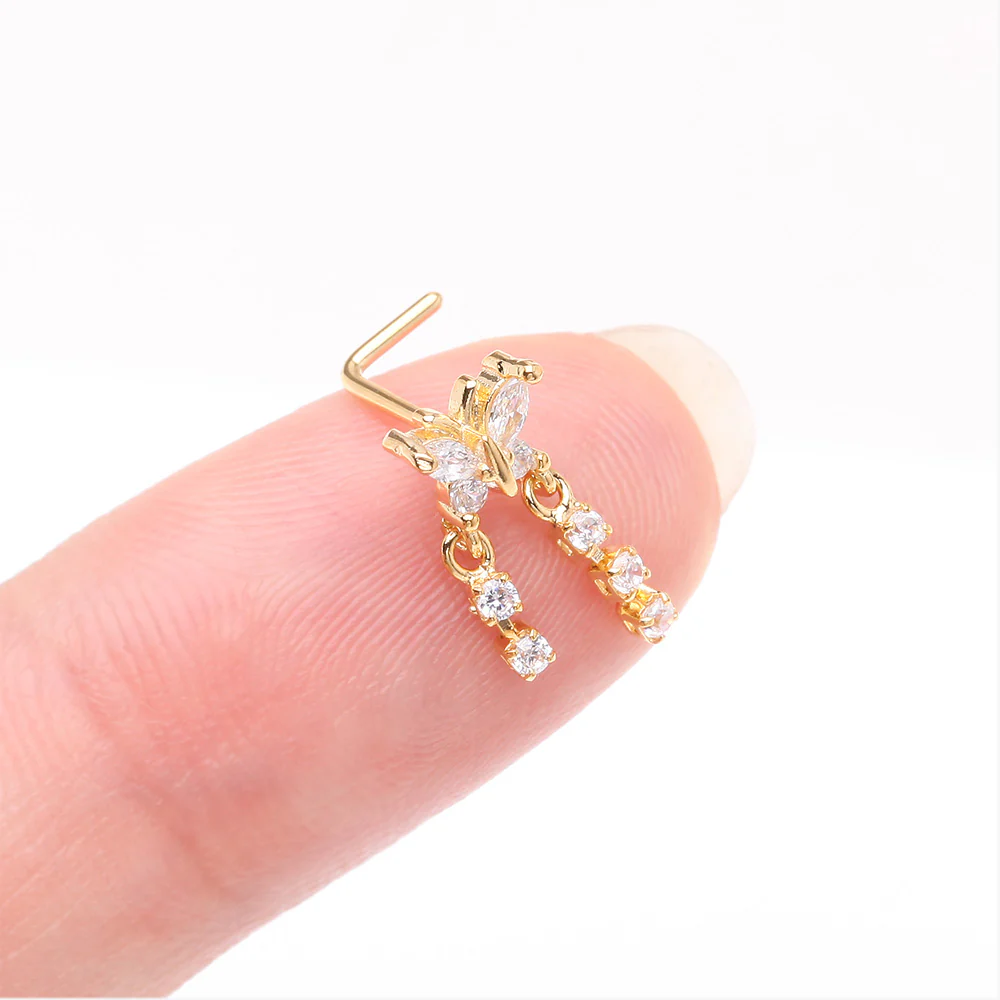 Golden Butterfly Sparkle Dangle Gem Drop L-Shaped Nose Ring - Image 3