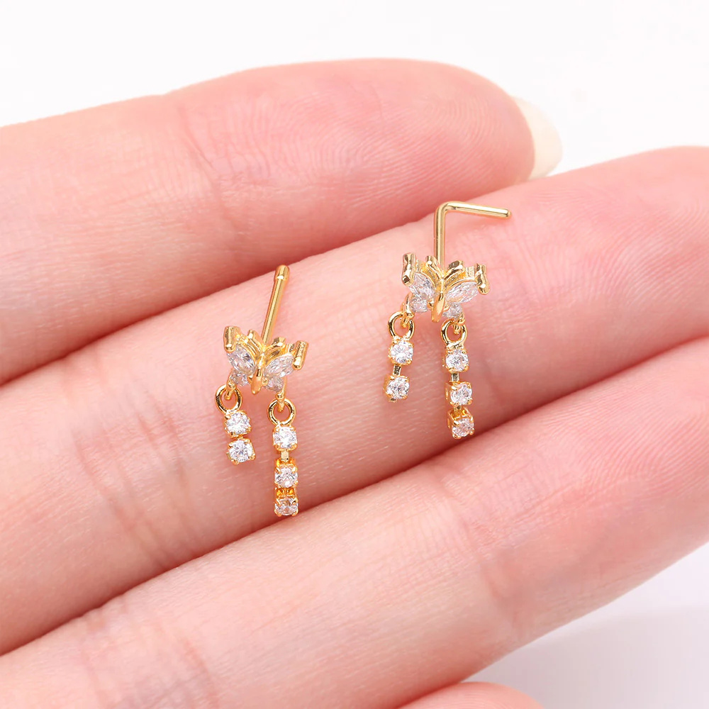 Golden Butterfly Sparkle Dangle Gem Drop L-Shaped Nose Ring - Image 4