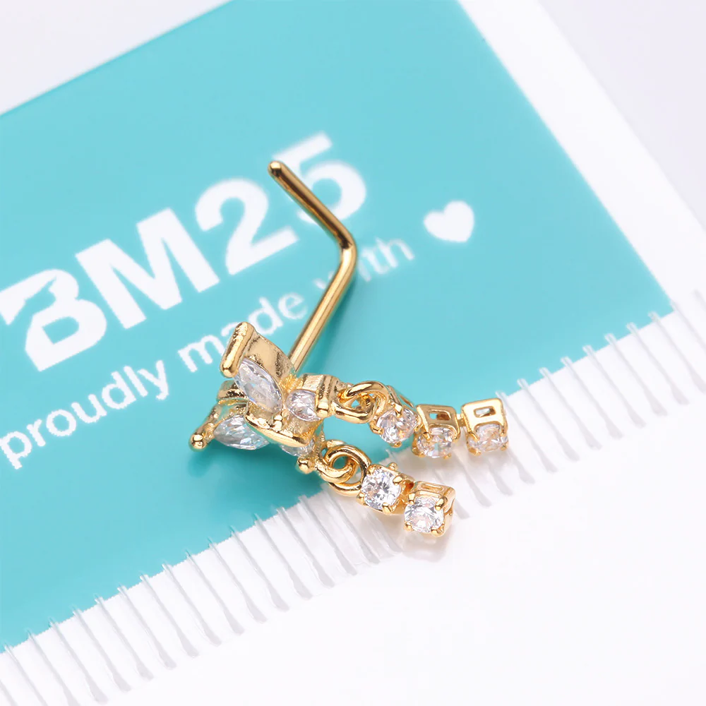 Golden Butterfly Sparkle Dangle Gem Drop L-Shaped Nose Ring - Image 5