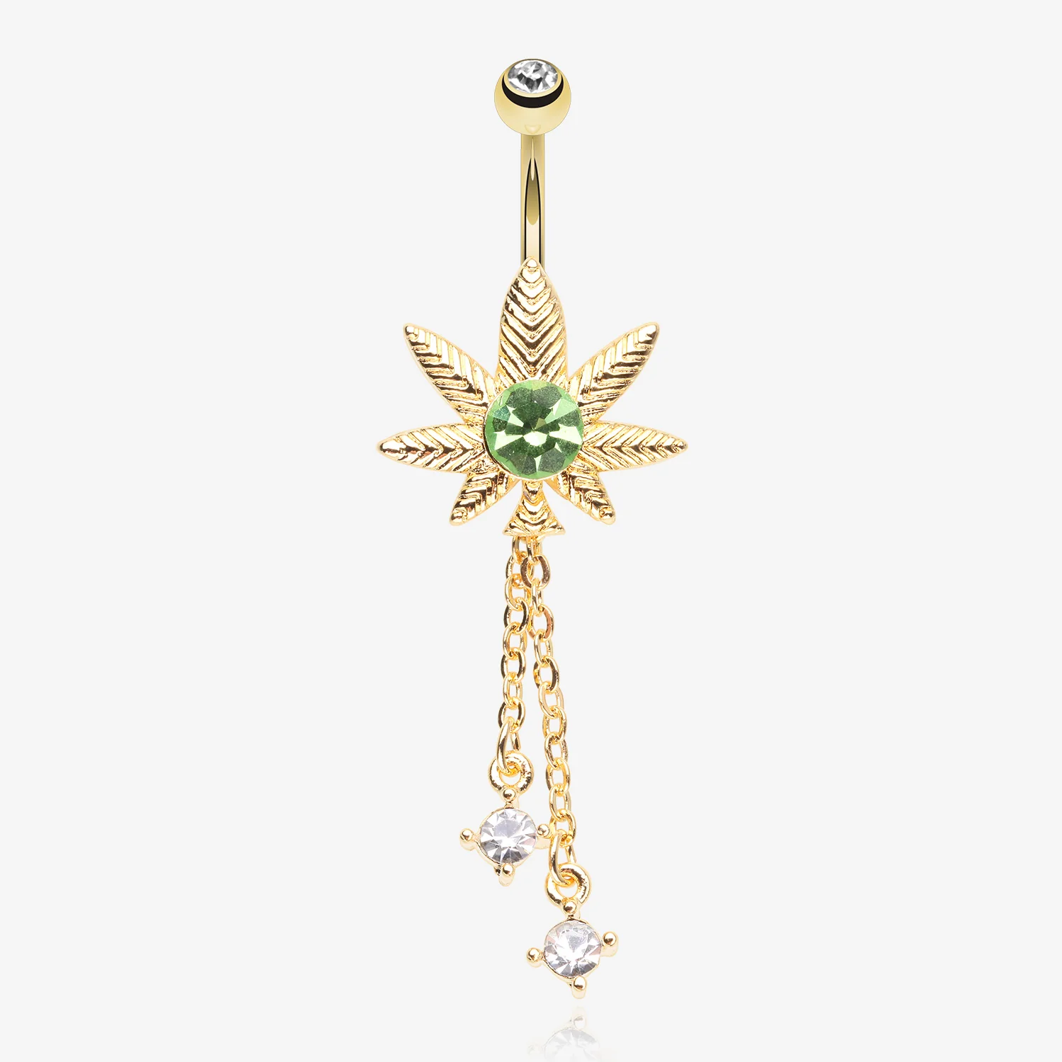 Golden Cannabis Pot Leaf Sparkle Chained Dangle Belly Button Ring