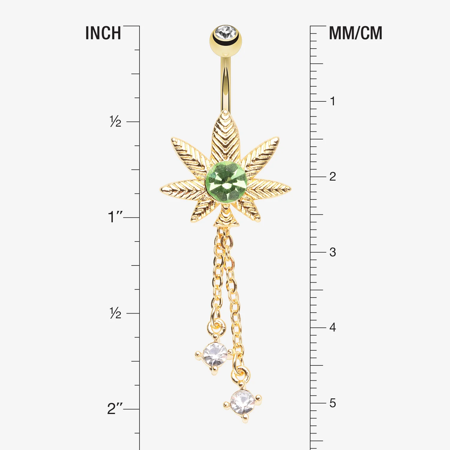 Golden Cannabis Pot Leaf Sparkle Chained Dangle Belly Button Ring - Image 2