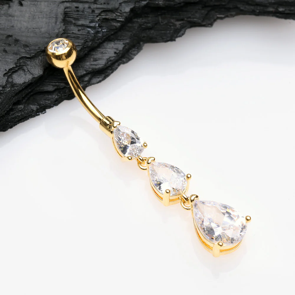 Golden Cascading Teardrop Sparkles Belly Button Ring - Image 3