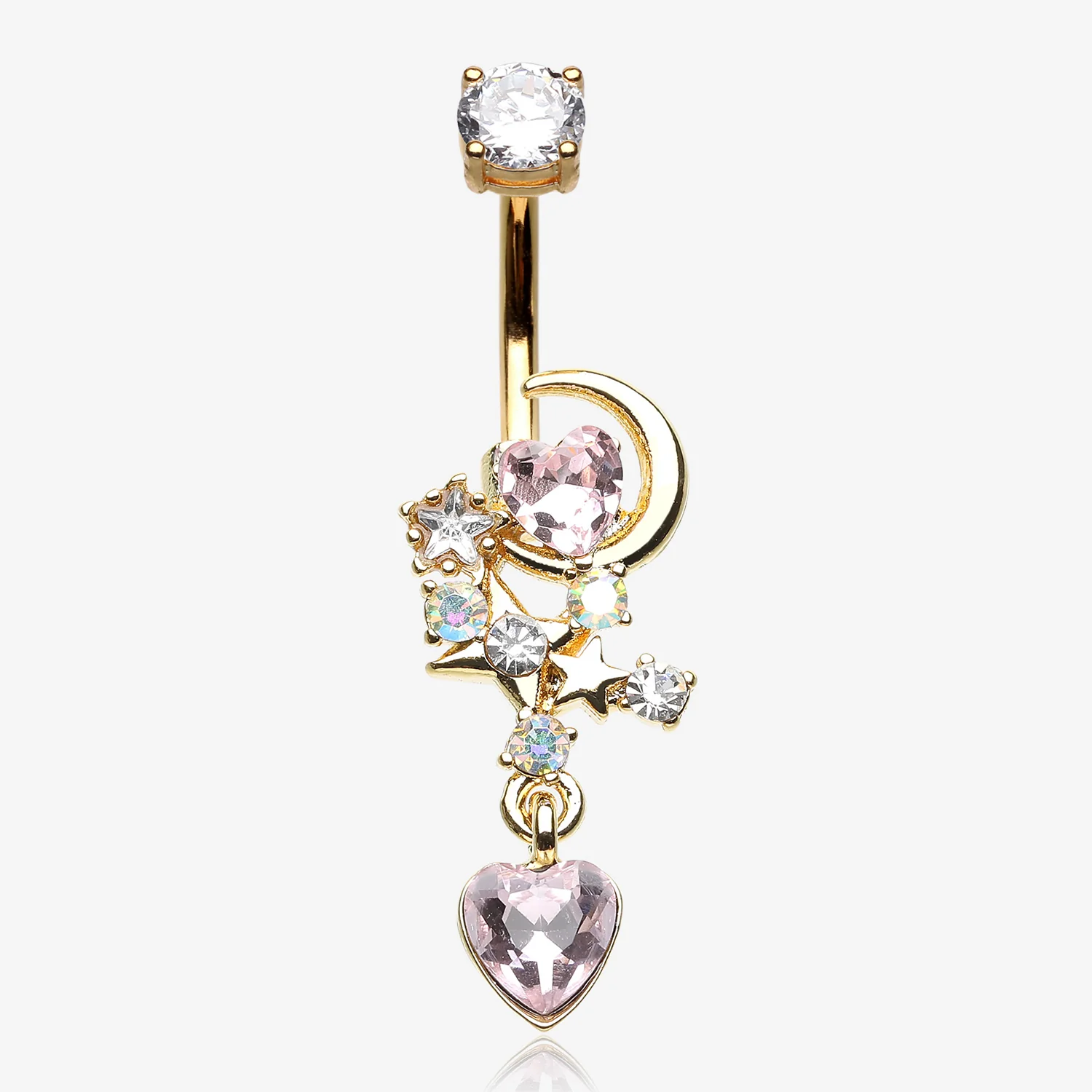 Golden Celestial Moon Star Sparkle Heart Dangle Belly Button Ring