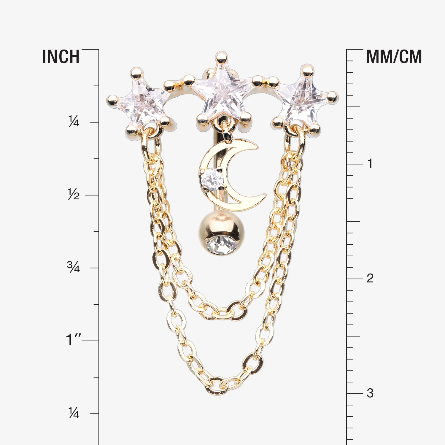 Golden Celestial Stars and Moon Sparkle Chained Top Down Reverse Belly Button Ring - Image 2