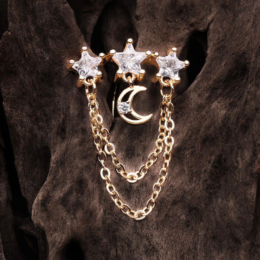 Golden Celestial Stars and Moon Sparkle Chained Top Down Reverse Belly Button Ring - Image 3