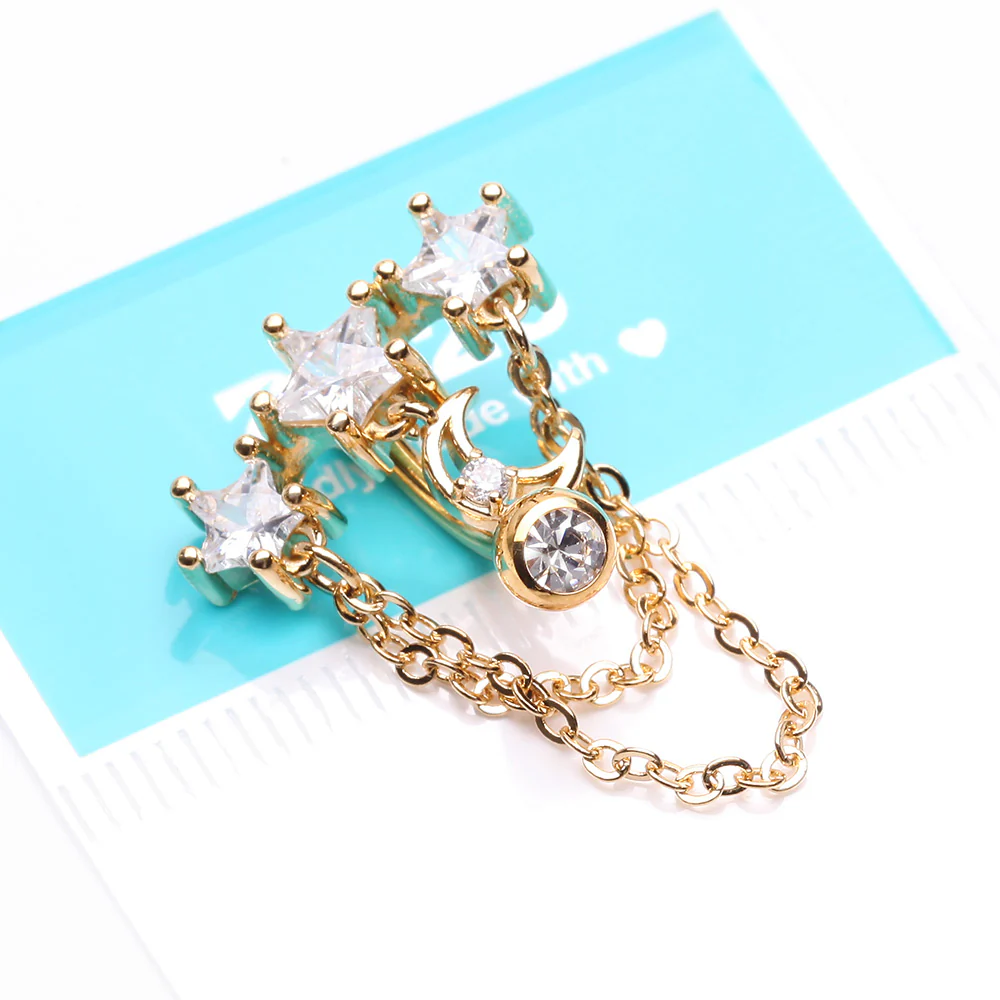 Golden Celestial Stars and Moon Sparkle Chained Top Down Reverse Belly Button Ring - Image 4