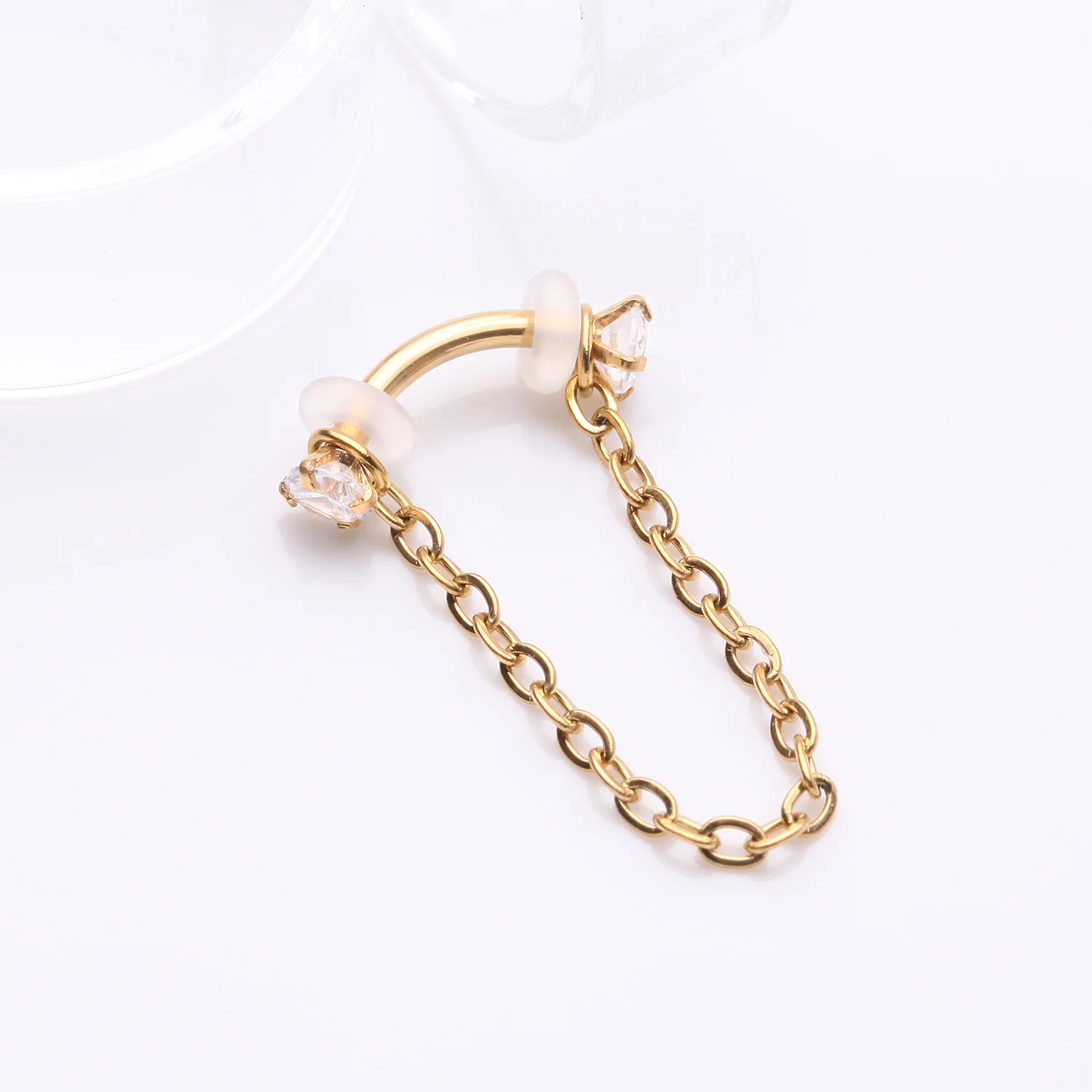 Golden Chained Prong Set Gem Internally Threaded Curved Barbell - Image 2