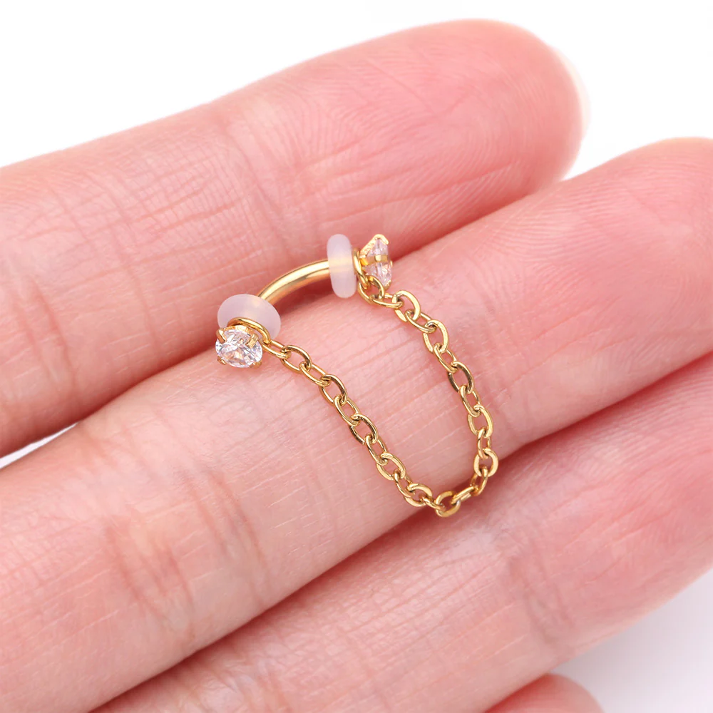 Golden Chained Prong Set Gem Internally Threaded Curved Barbell - Image 3