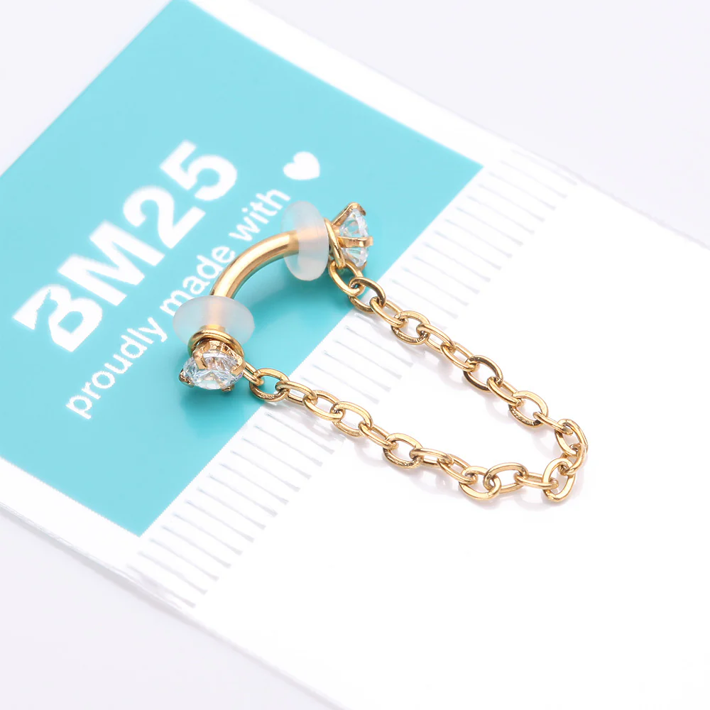 Golden Chained Prong Set Gem Internally Threaded Curved Barbell - Image 4