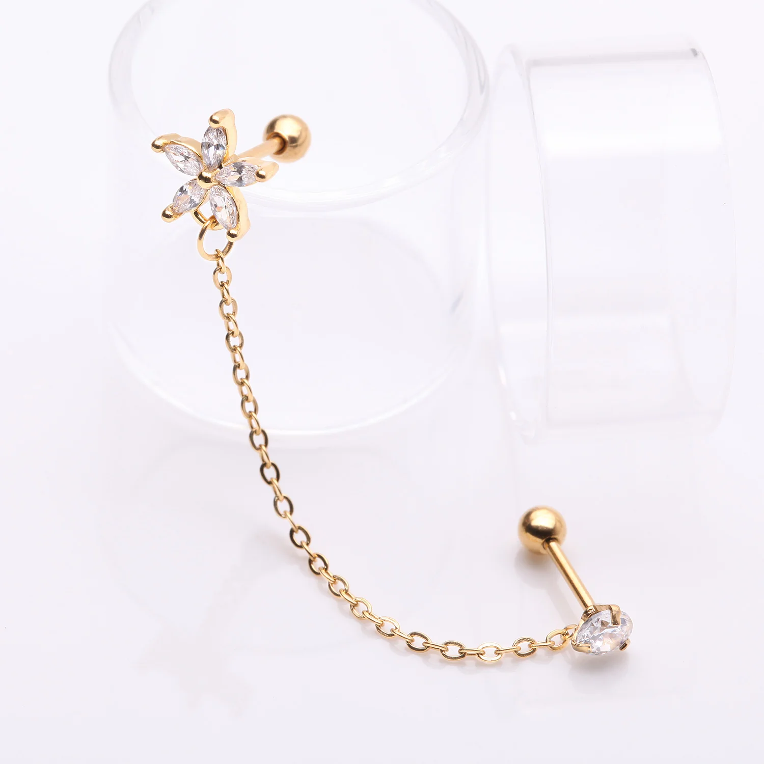 Golden Chainlink Grand Flower Gem Sparkle Cartilage Barbell Stud - Image 2
