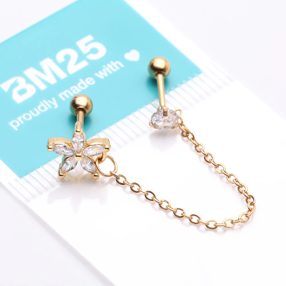 Golden Chainlink Grand Flower Gem Sparkle Cartilage Barbell Stud - Image 4
