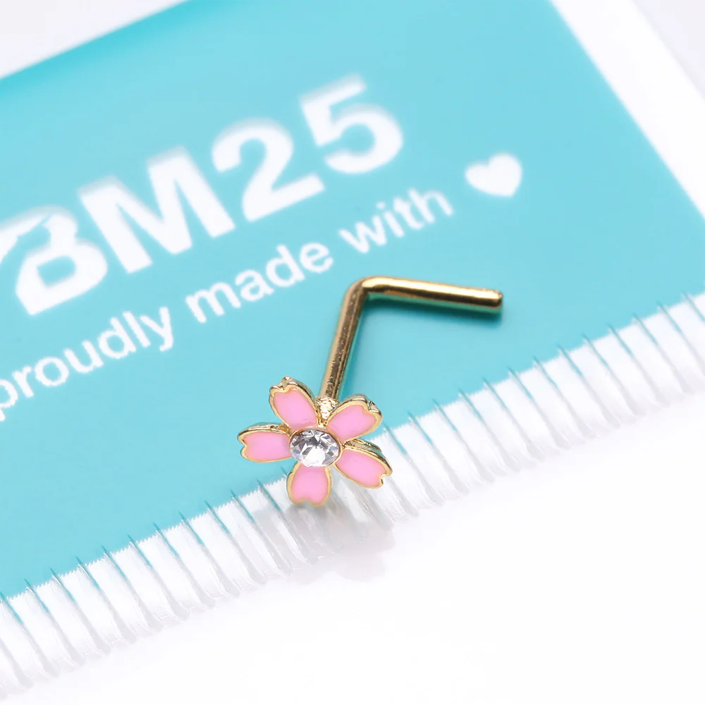 Golden Cherry Blossom Flower Sparkle L-Shaped Nose Ring - Image 4