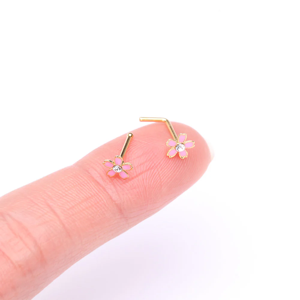 Golden Cherry Blossom Flower Sparkle Nose Stud Ring - Image 3