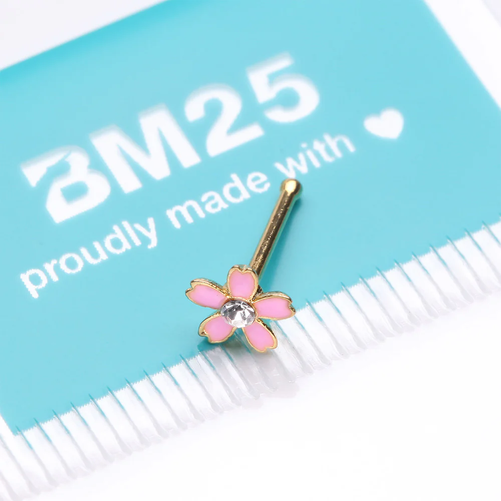 Golden Cherry Blossom Flower Sparkle Nose Stud Ring - Image 4