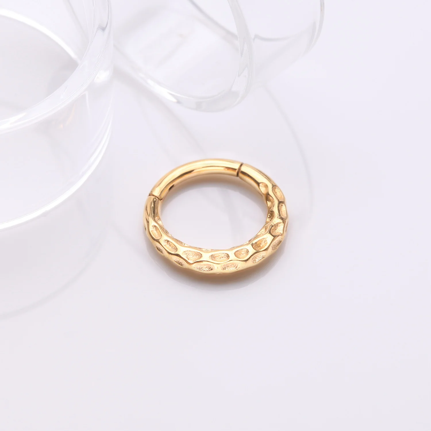Golden Classic Hammered Texture Steel Clicker Hoop Ring - Image 2