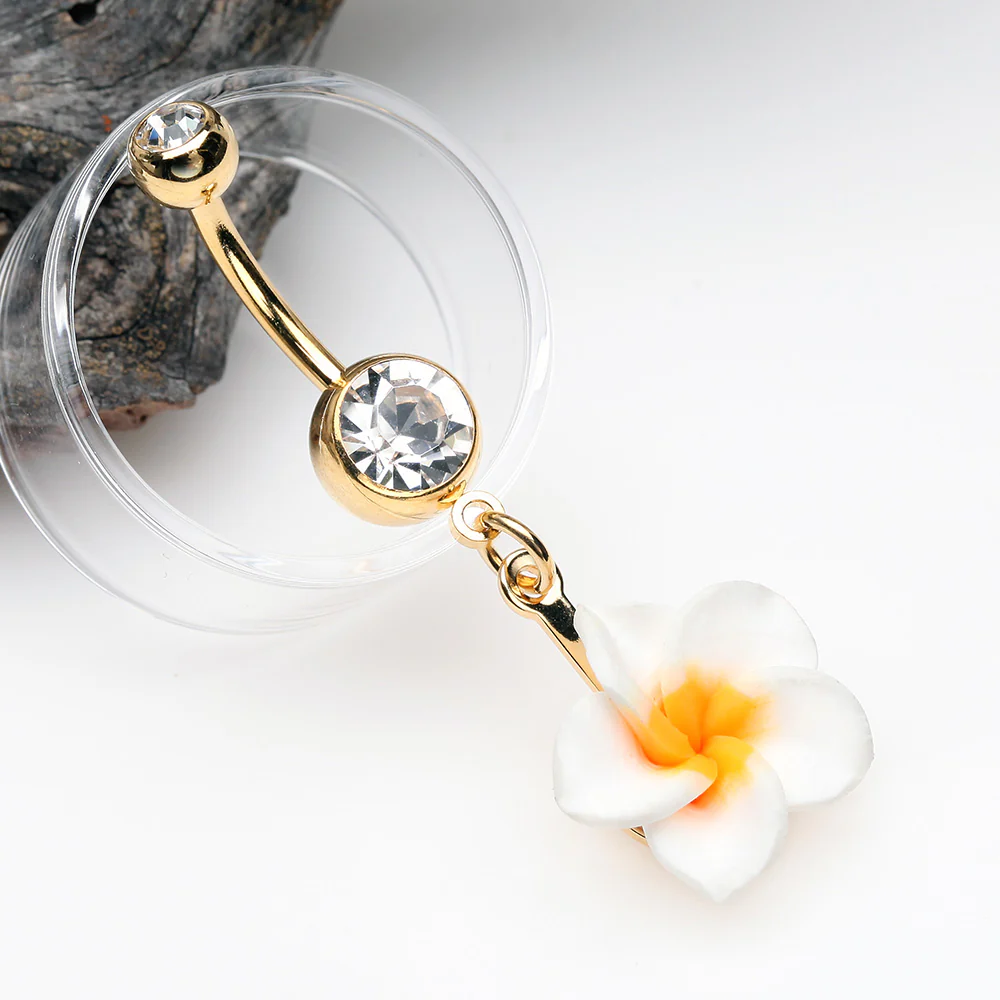 Golden Classic Plumeria Flower Belly Button Ring - Image 3
