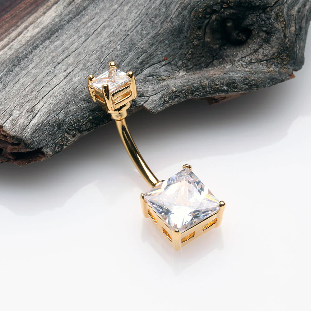 Golden Classic Square Prong Set Gem Belly Button Ring - Image 3