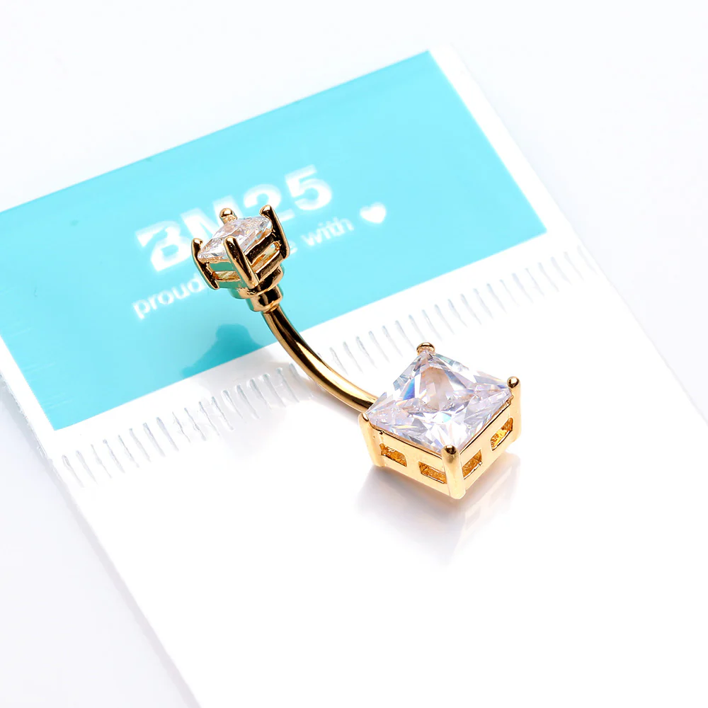 Golden Classic Square Prong Set Gem Belly Button Ring - Image 4