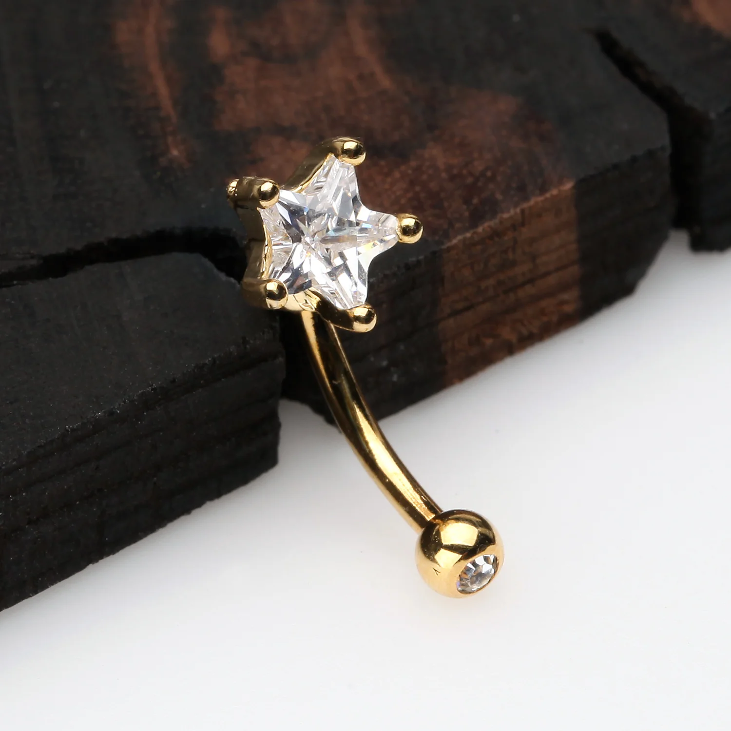 Golden Classic Star Sparkle Curved Barbell Ring - Image 2