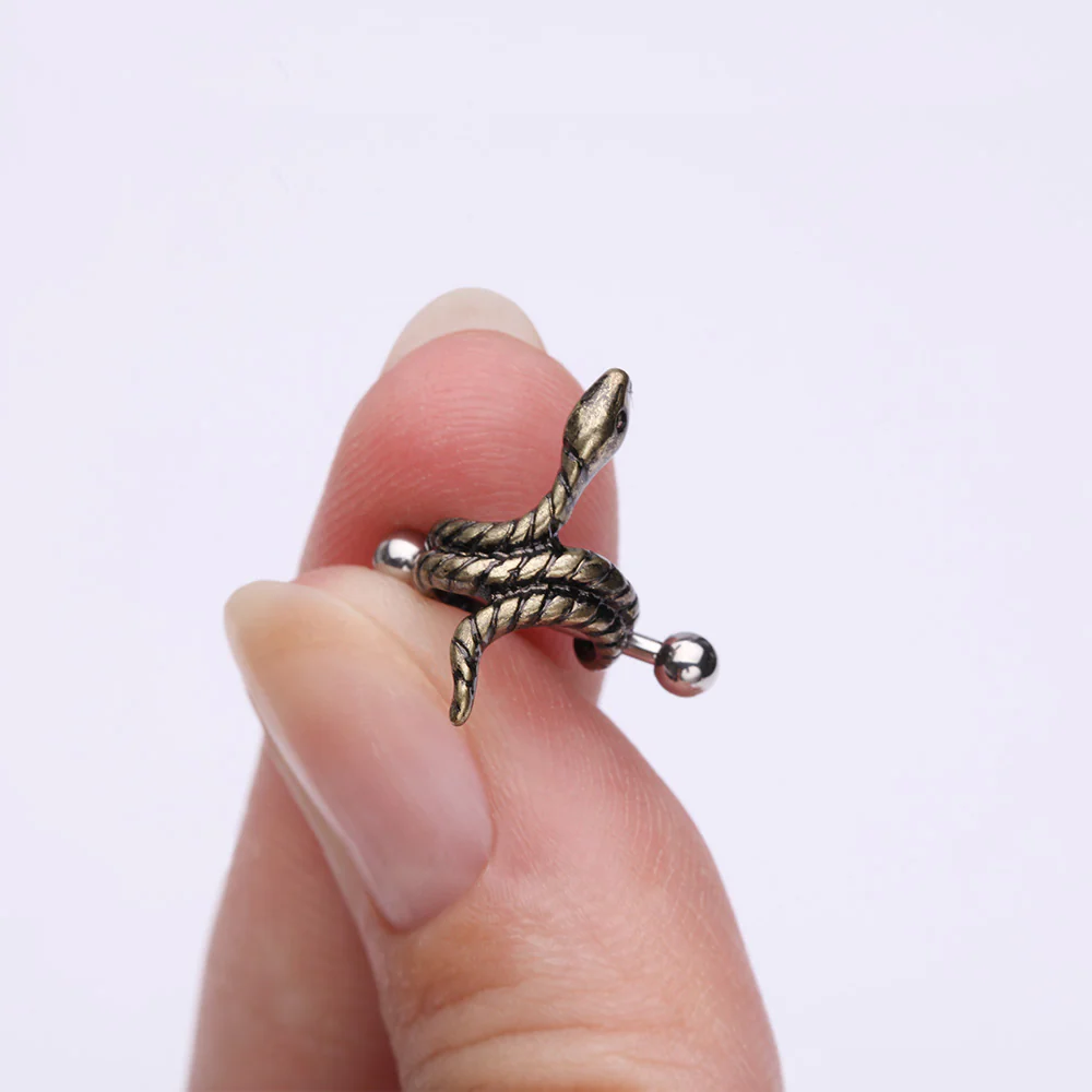 Golden Coiled Serpent Snake Steel Cartilage Helix Cuff Earring - Image 3