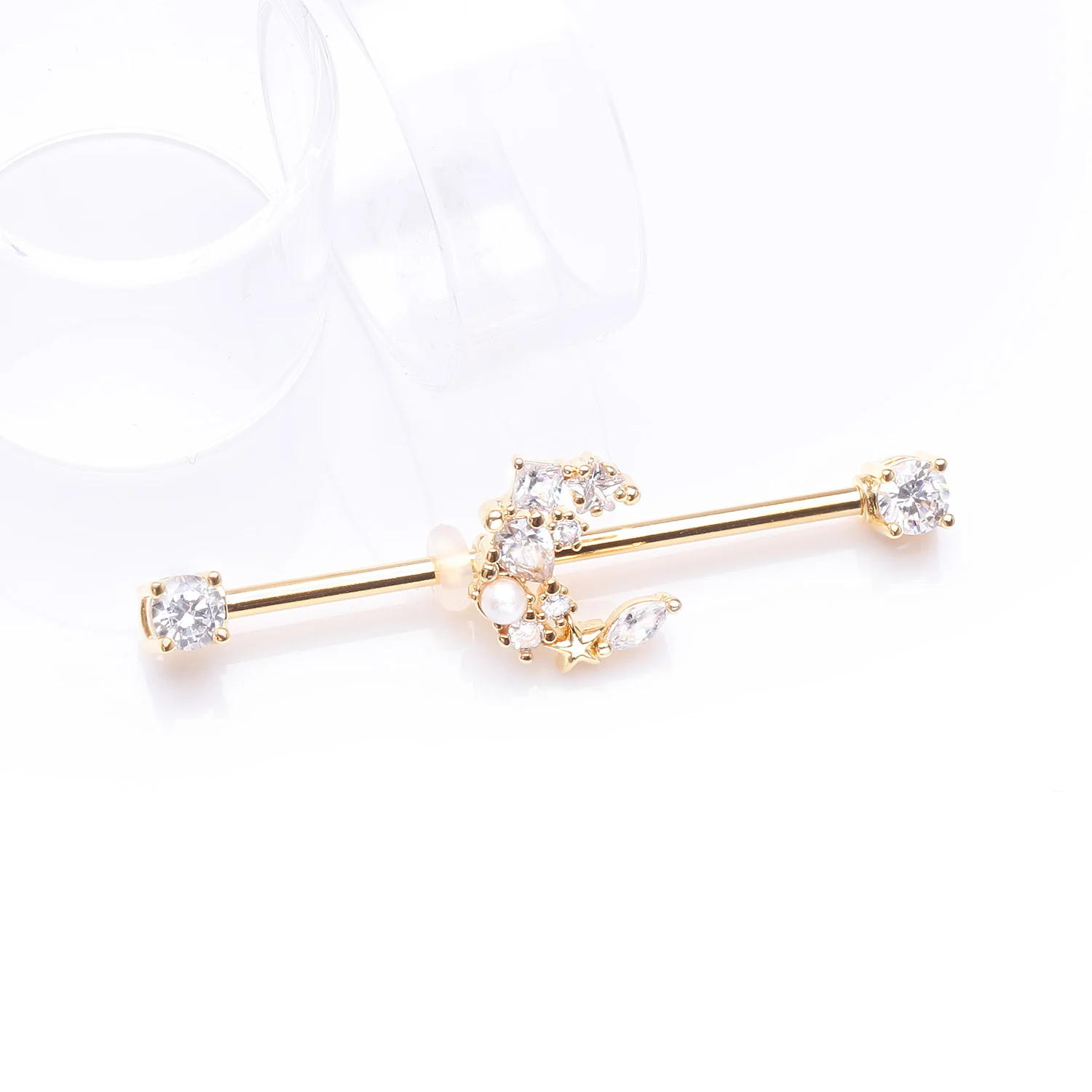 Golden Crescent Moon Celestial Sparkle Ends Industrial Barbell - Image 2
