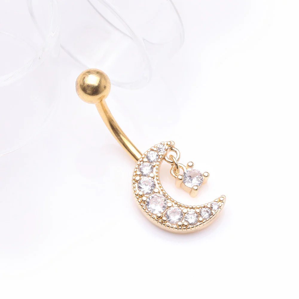 Golden Crescent Moon Dainty Sparkle Belly Button Ring - Image 3
