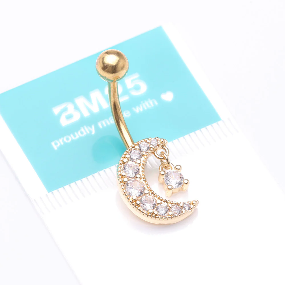 Golden Crescent Moon Dainty Sparkle Belly Button Ring - Image 5