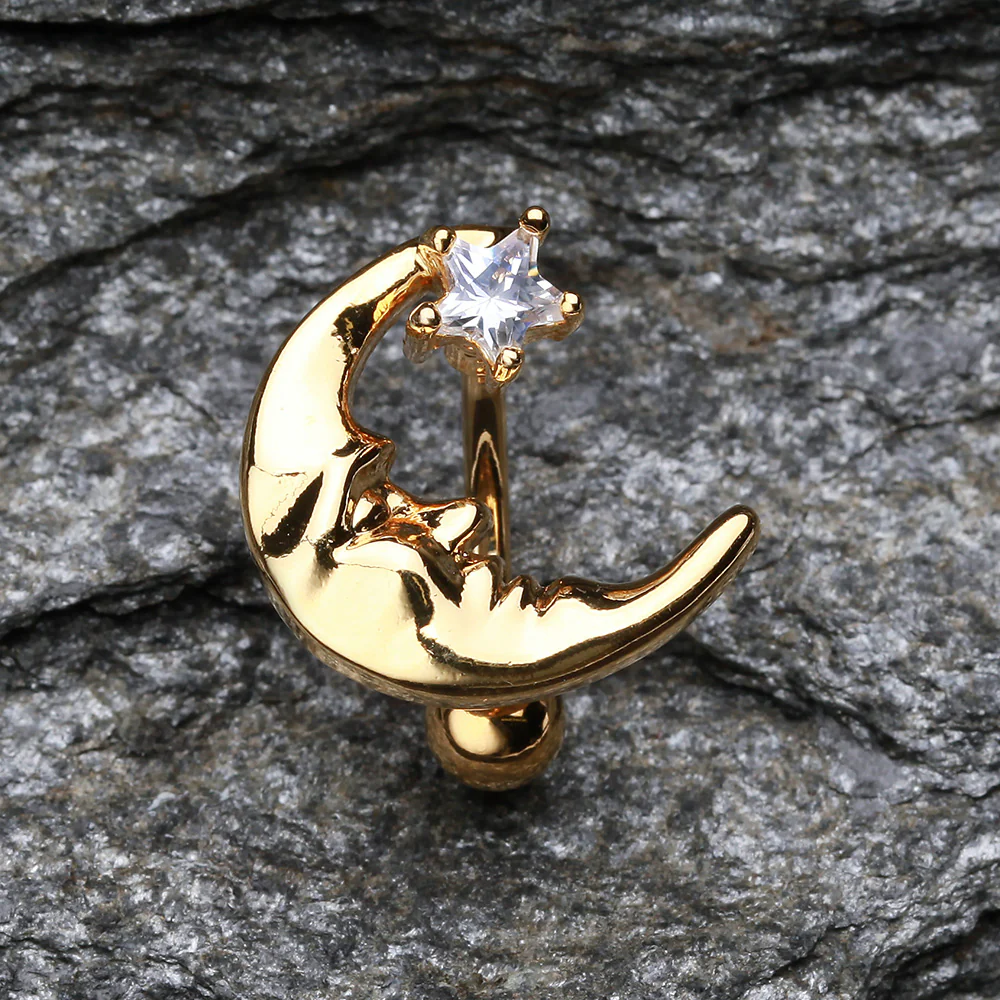 Golden Crescent Moon Shine Reverse Belly Button Ring - Image 3
