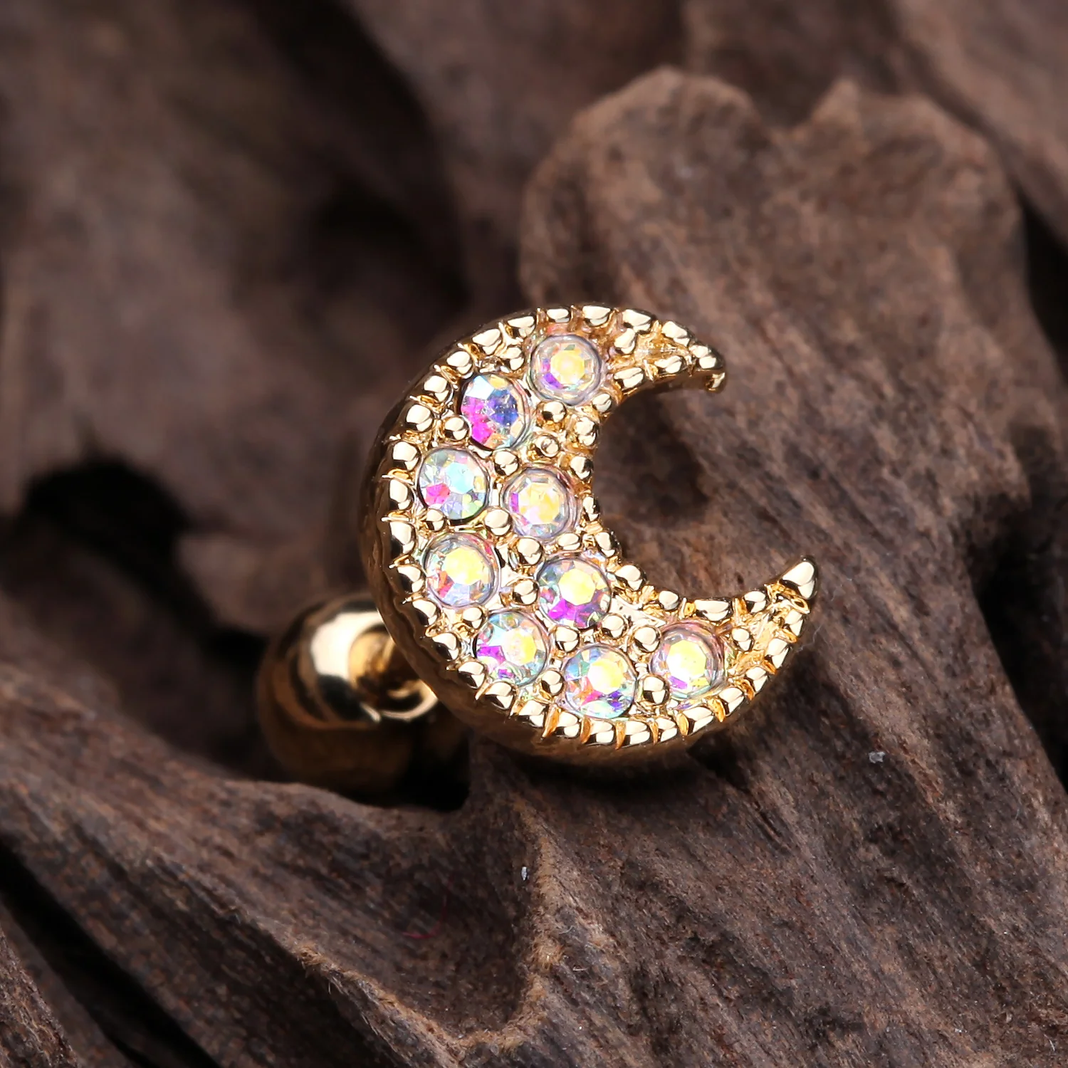 Golden Crescent Moon Sparkle Cartilage Tragus Earring - Image 2