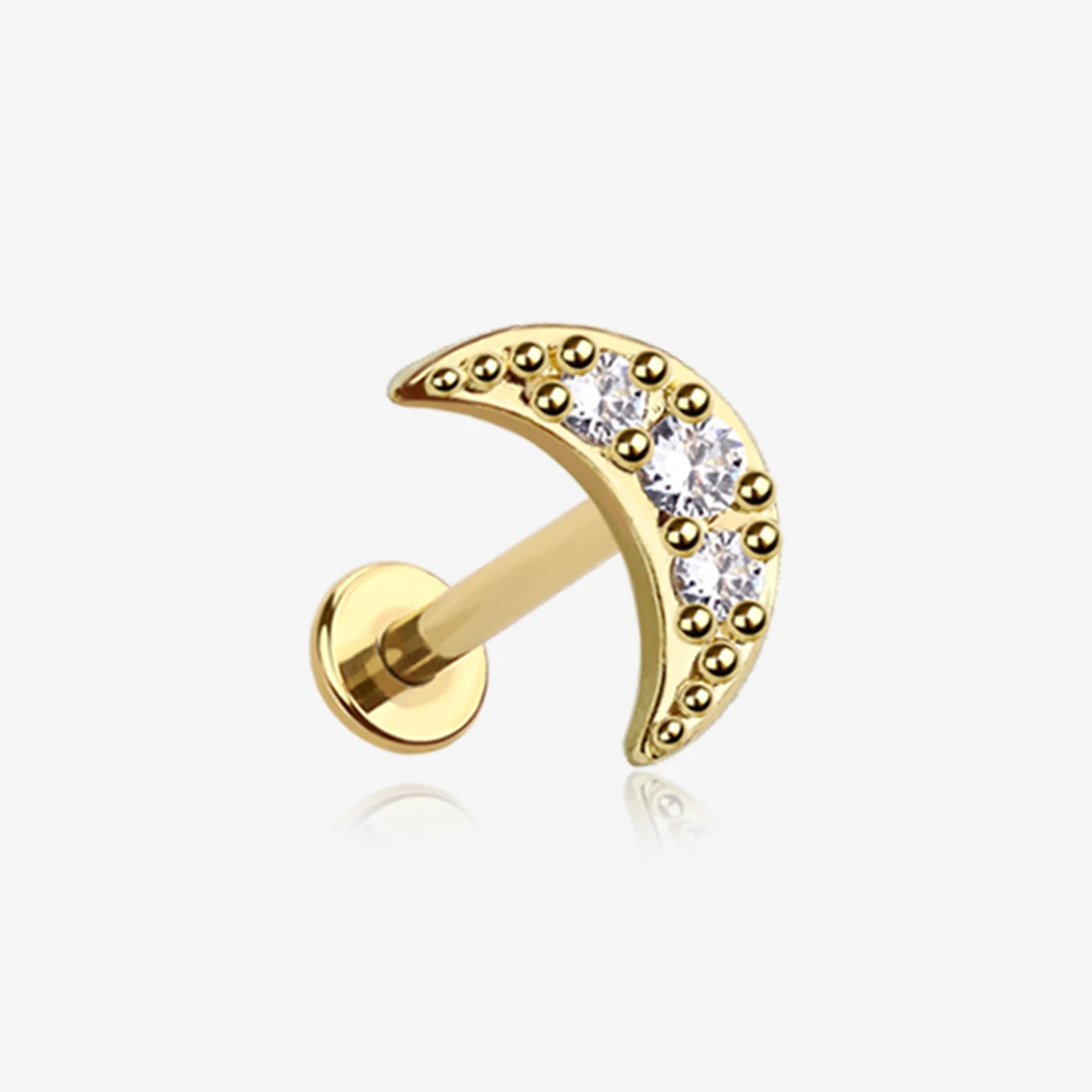 Golden Crescent Moon Sparkle Pave Multi-Gem Internally Threaded Flat Back Stud Labret
