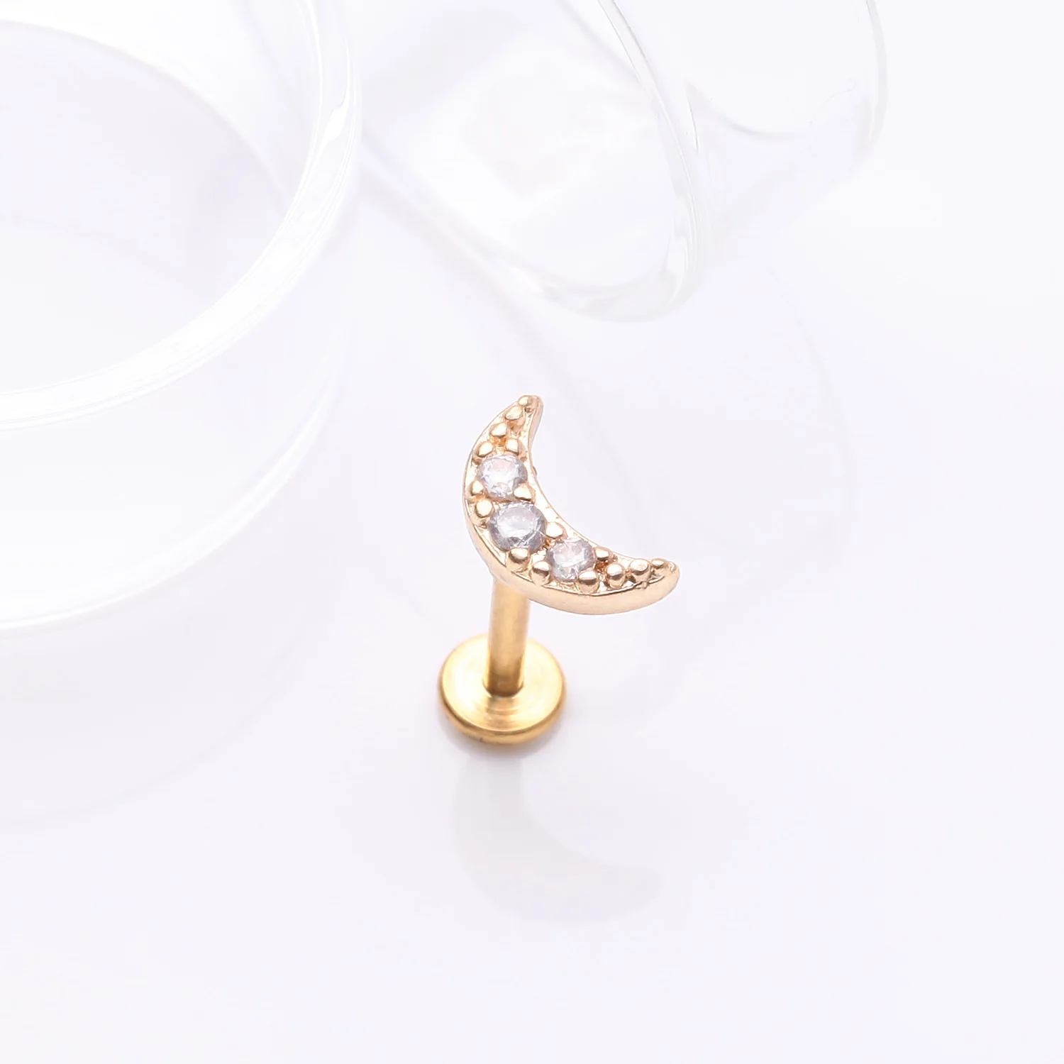 Golden Crescent Moon Sparkle Pave Multi-Gem Internally Threaded Flat Back Stud Labret - Image 2