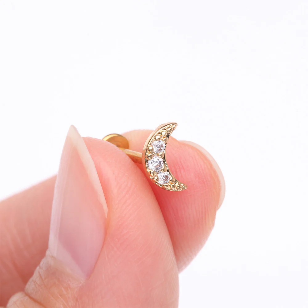 Golden Crescent Moon Sparkle Pave Multi-Gem Internally Threaded Flat Back Stud Labret - Image 3