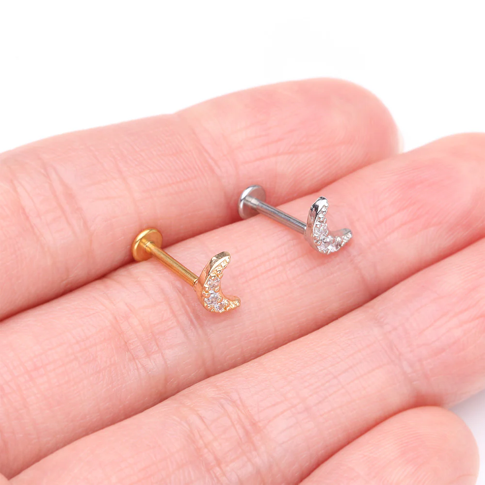 Golden Crescent Moon Sparkle Pave Multi-Gem Internally Threaded Flat Back Stud Labret - Image 4