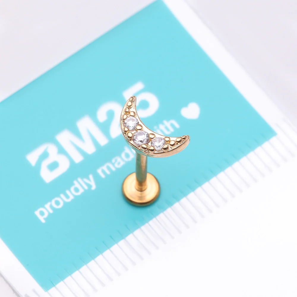 Golden Crescent Moon Sparkle Pave Multi-Gem Internally Threaded Flat Back Stud Labret - Image 5