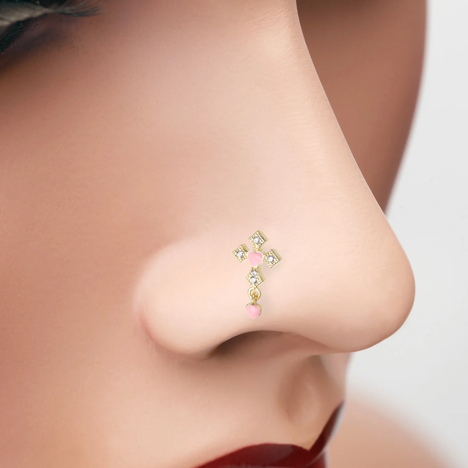 Golden Cross Sparkle Baby Heart Dangle L-Shaped Nose Ring - Image 2