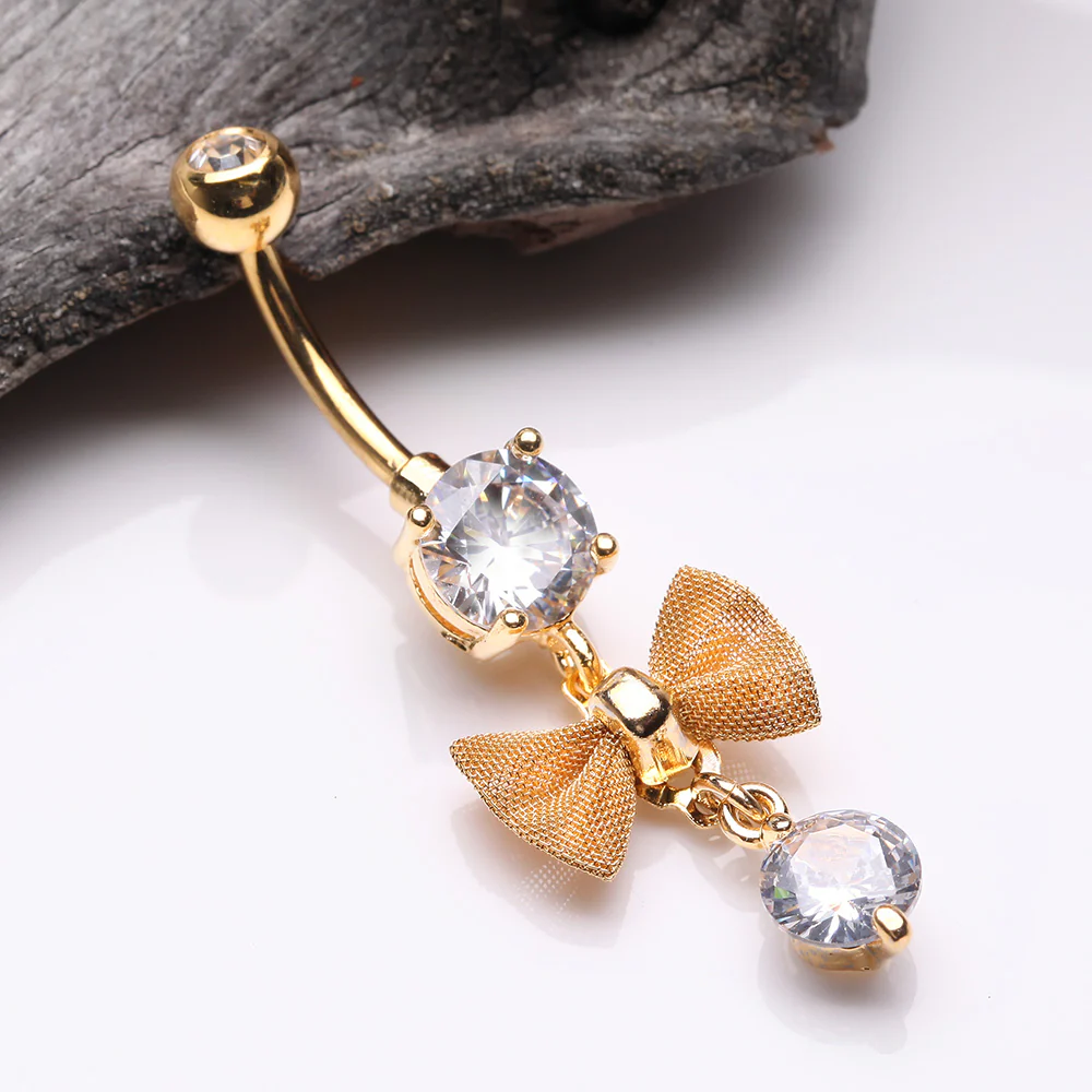 Golden Dainty Bow-Tie Prong Gem Sparkle Belly Button Ring - Image 3