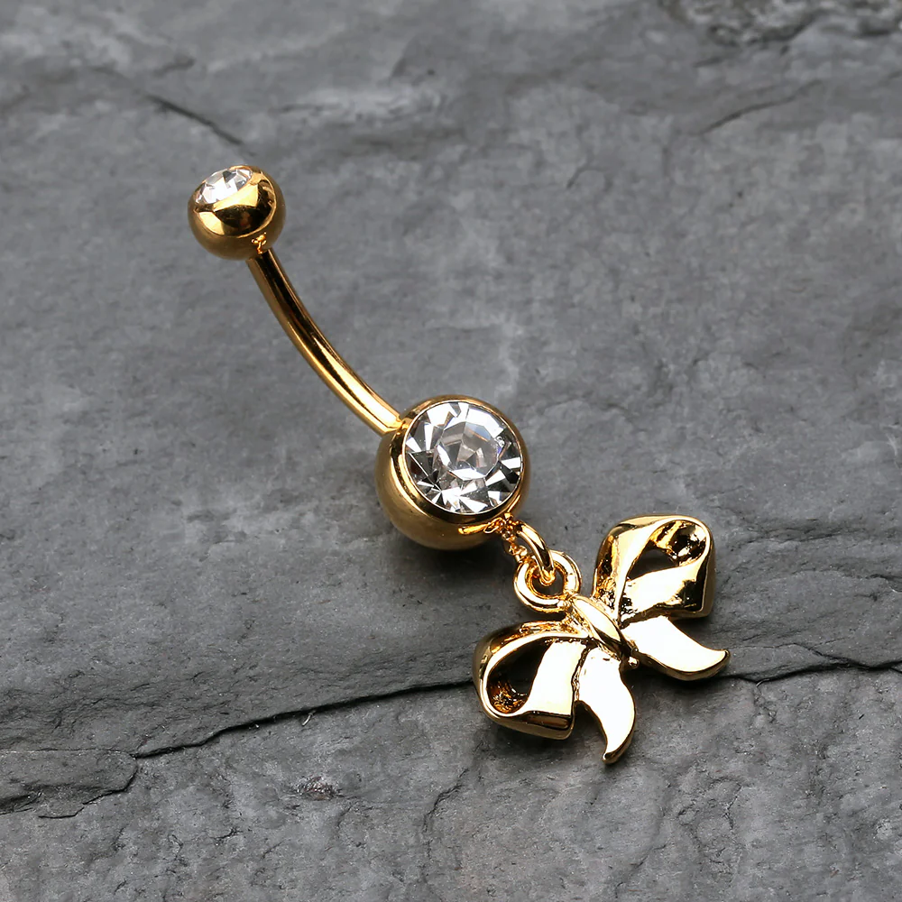 Golden Dainty Bow Tie Ribbon Belly Button Ring - Image 3